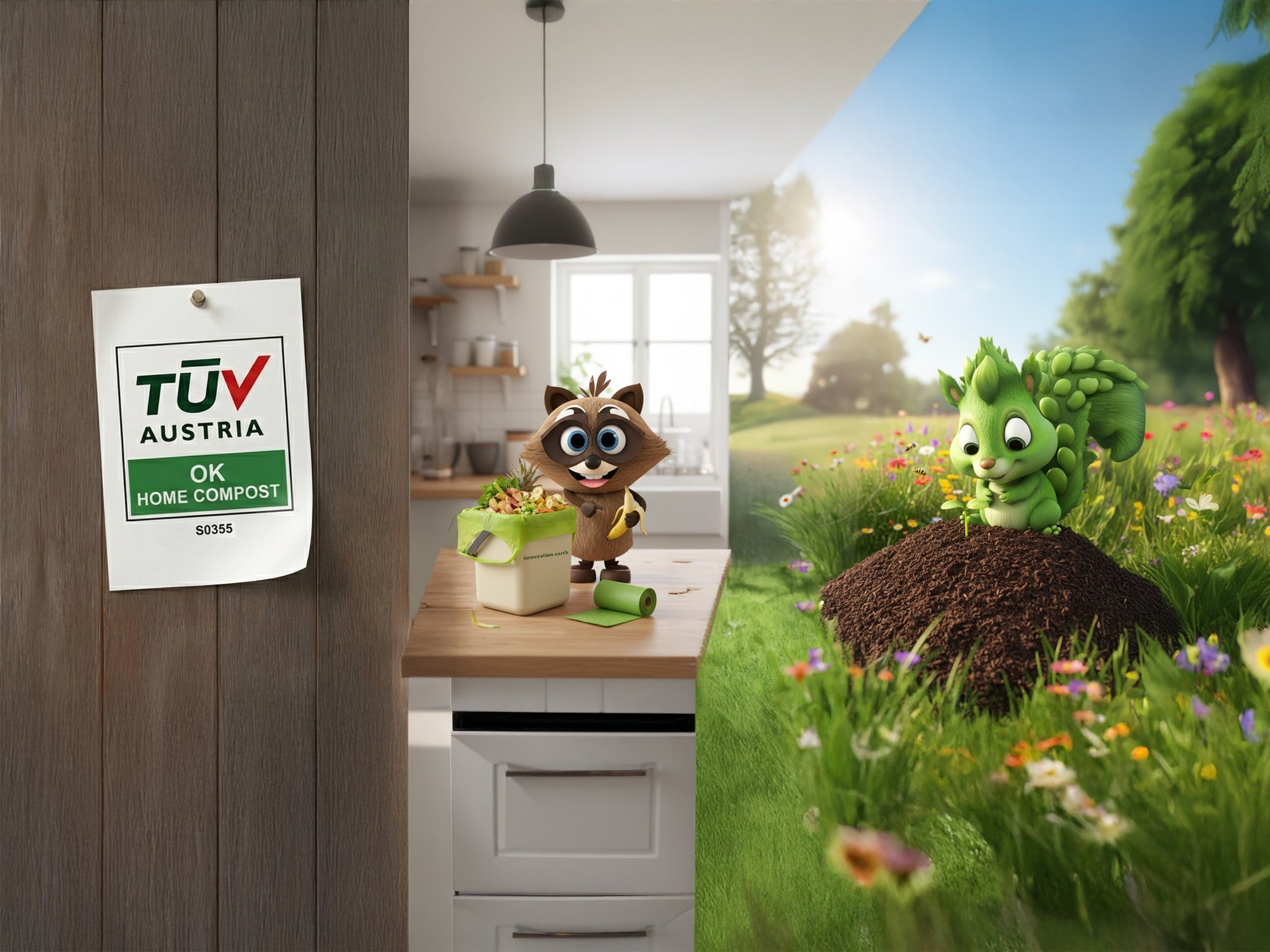 Generation earth product story showing home compost certification and compost bin use.