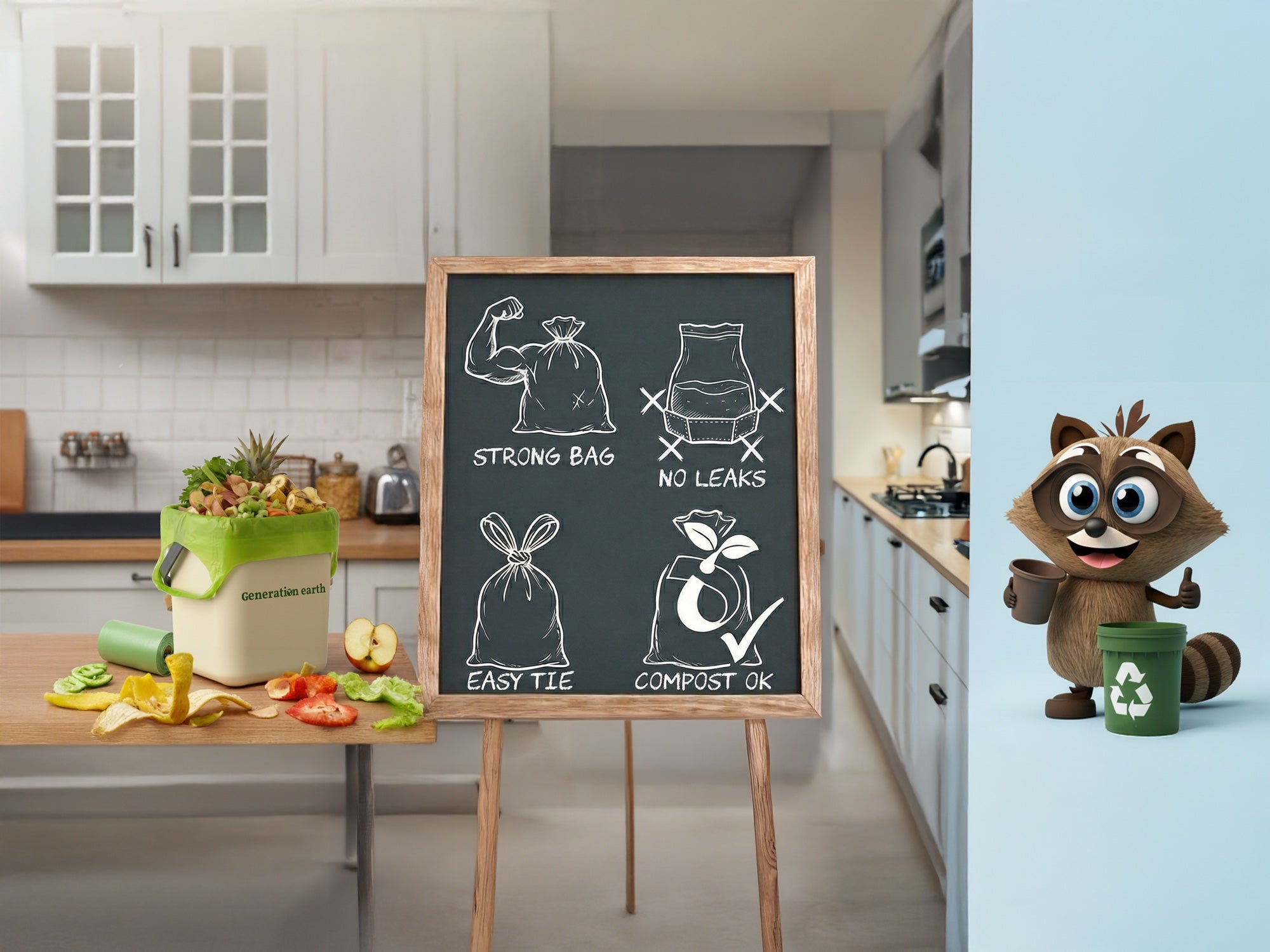 Generation earth product story showing strong, no leak, easy tie compostable food waste bags.